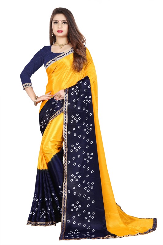 Laheja Printed Bandhani Silk Blend, Poly Silk Saree(Dark Blue, Yellow)