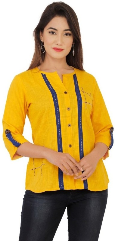 Covet Casual Roll-up Sleeve Embroidered Women Yellow Top
