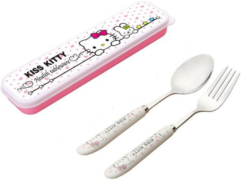 CherryBox Pink Kitty Stainless Steel Spoon & Fork Cutlery Set for Kids Stainless Steel Cutlery Set(Pack of 3)