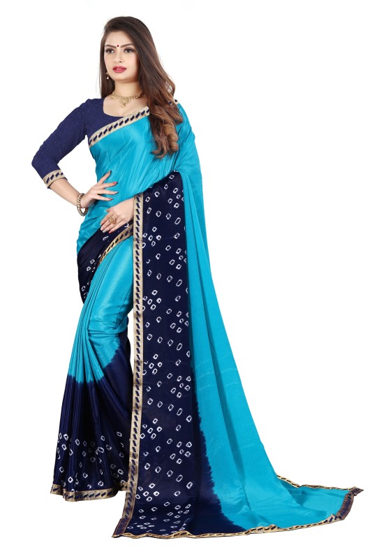 Henzila Printed Bandhani Silk Blend, Poly Silk Saree(Dark Blue, Light Blue)