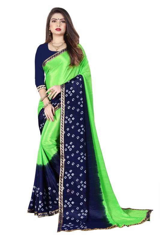 Henzila Printed Bandhani Silk Blend, Poly Silk Saree(Dark Blue, Green)