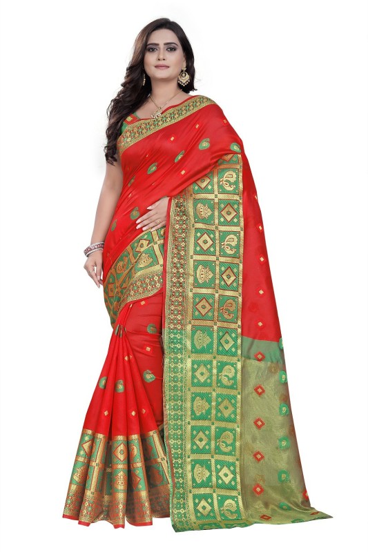 Repost Cotton Self Design Bhagalpuri Cotton Blend, Pure Silk Saree(Red)