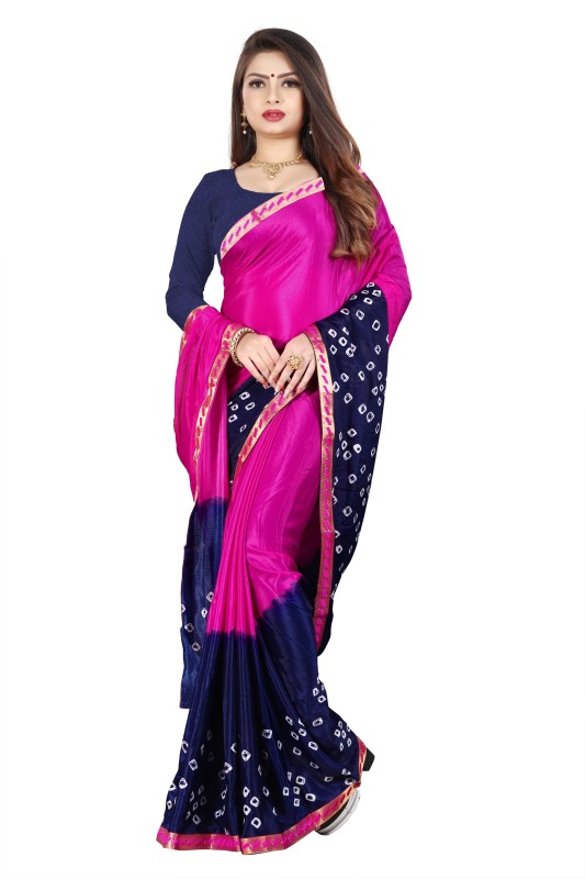 Henzila Printed Bandhani Silk Blend, Poly Silk Saree(Dark Blue, Pink)