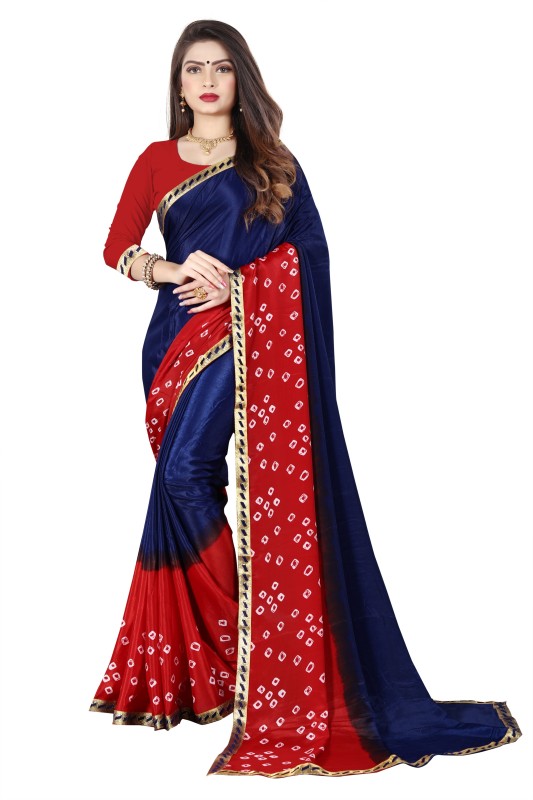 Henzila Printed Bandhani Silk Blend, Poly Silk Saree(Dark Blue, Red)