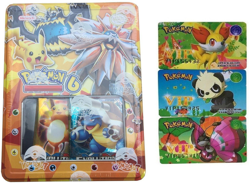 Authfort Evolution Pokemon Playing Cards With Booster Pack and Tin Box With 3 VIP Cards Combo For Kids(Multicolor)