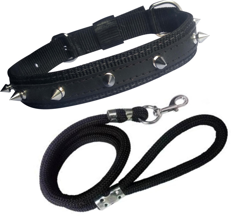 BODY BUILDING Good Quality Dog Belt Combo of Nylon Black Spike Collar with Dog Chain 1.5m Lengthy Dog Collar & Chain(Medium, Multi-color)