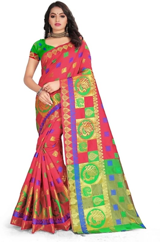 Radhika Fashion Hub Woven Paithani Cotton Silk Saree(Multicolor)