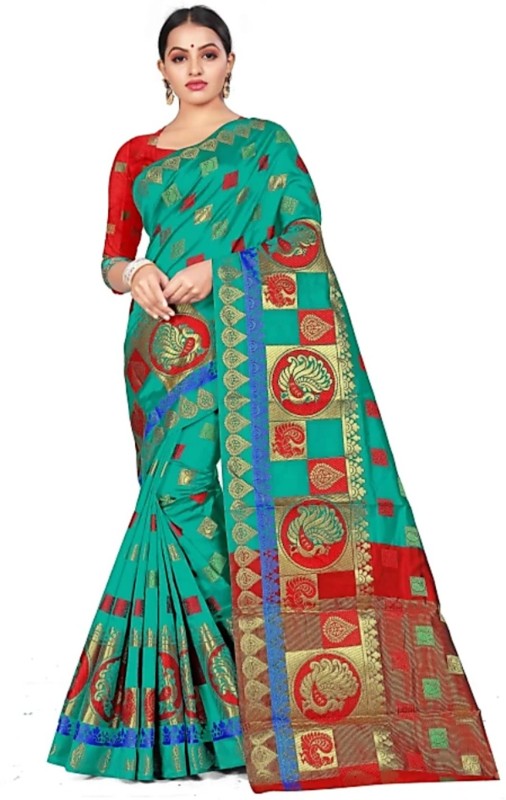 Radhika Fashion Hub Woven Paithani Cotton Silk Saree(Multicolor)