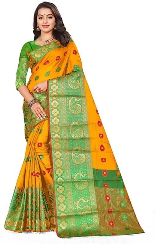 Radhika Fashion Hub Woven Paithani Cotton Silk Saree(Green)