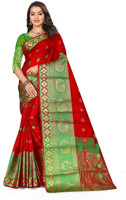 Radhika Fashion Hub Woven Paithani Cotton Silk Saree(Green)