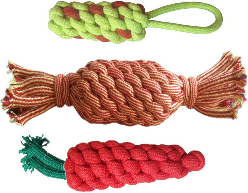 W9 Combo of 3 Durable Pet Teeth Cleaning Chewing Biting Knotted Small Puppy Toys -100% Natural & Safe Cotton Cotton Chew Toy For Dog & Cat