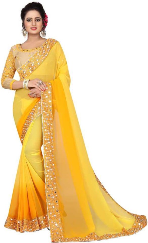 Shiroya Brothers Embellished Bollywood Silk Blend, Poly Georgette Saree(Yellow)