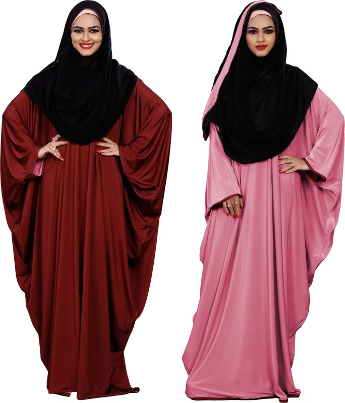 Justkartit J5482_Pink Lycra Blend Solid Abaya With Hijab(Pink)