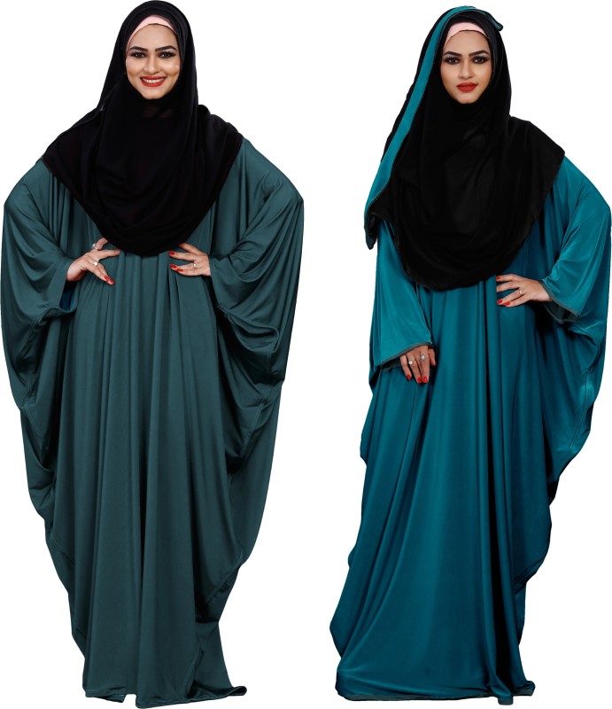 Justkartit J5482_Aqua Lycra Blend Solid Abaya With Hijab(Blue)