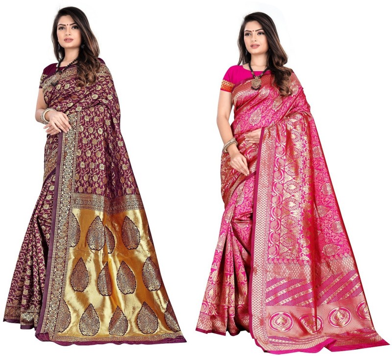 neeah Woven Banarasi Art Silk Saree(Pack of 2, Purple, Pink)