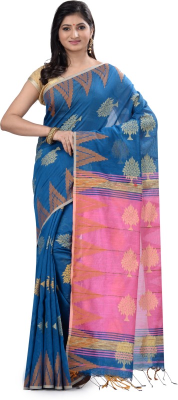 Subhadra Woven Jamdani Handloom Khadi Cotton Saree(Blue, Pink)