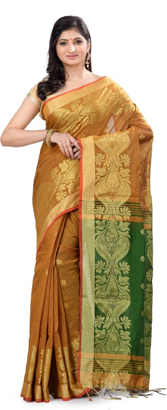 Subhadra Woven Jamdani Handloom Khadi Cotton Saree(Gold, Green)