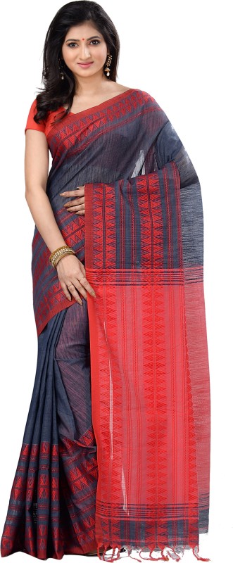 Subhadra Woven Jamdani Handloom Khadi Cotton Saree(Red, Grey)