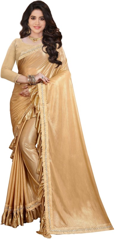 greeva fashion Plain Bollywood Lycra Blend Saree(Gold)