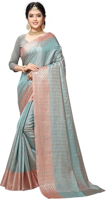 Stavya Designer Solid Bollywood Pure Silk Saree(Orange, Grey)