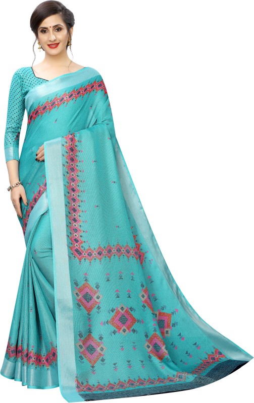 HANS ENTERPRISE Printed Bollywood Linen Blend Saree(Light Blue)