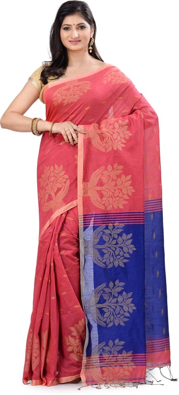 Subhadra Embroidered, Woven Jamdani Handloom Khadi Cotton Saree(Blue, Pink)