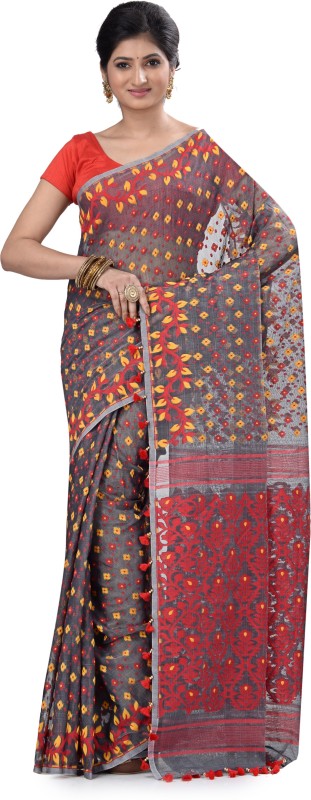 Subhadra Embroidered, Woven Jamdani Handloom Khadi Cotton Saree(Red, Grey)