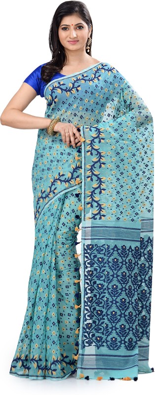 Subhadra Embroidered, Woven Jamdani Handloom Khadi Cotton Saree(Light Blue)