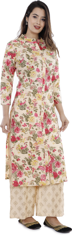 Rani Prints Jaipur Women Floral Print Straight Kurta(Beige, Red) Rani Prints Jaipur Women Floral Print Straight Kurta(Beige, Red)