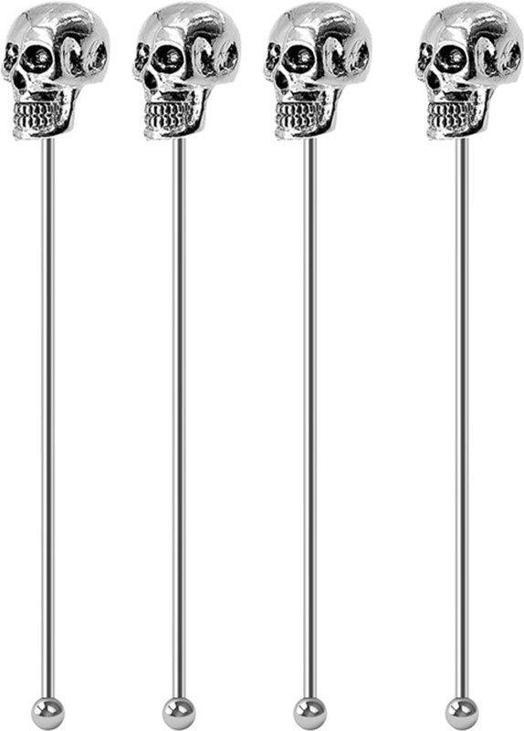 Nema Stainless Steel Reusable Swizzle Sticks-Skull-Pack of Four Stainless Steel 19.2 cm Stirrer(Steel Pack of 4)