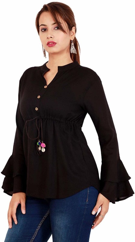 Silkova Casual Bell Sleeve Solid Women Black Top