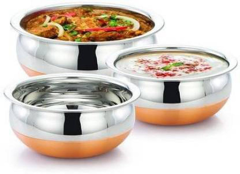 Nirvika New Handi set Pot 5 Piece Set Combo Serving Handi with lid copper bottom handi Pot 5 Piece Set/Steel Handi Set 5 Piece Set/Cookware Chetty Combo Set with lid (Stainless Steel, Non-stick, Induction Bottom) Handi 2.1 L with Lid(Stainless Steel)