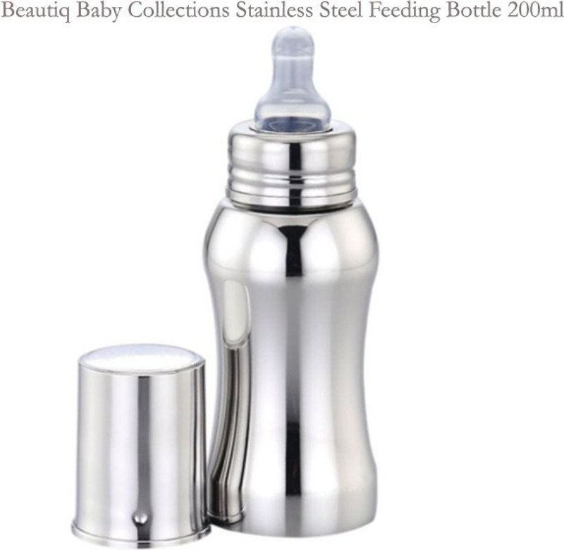 Beautiq Baby Collections Complete Stainless Steel Feeding Bottle 200ml with High Grade Silicon Nipple - 200 ml(Silver)