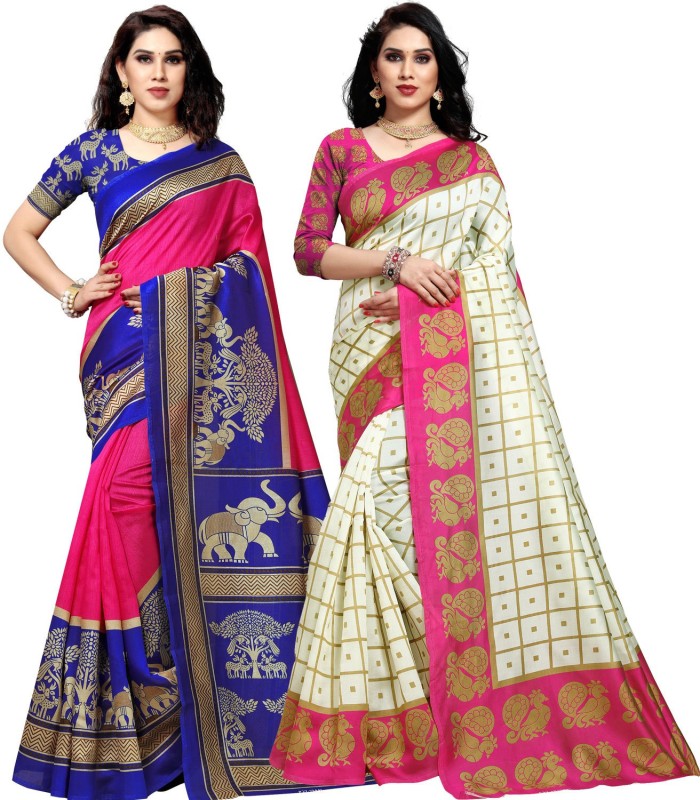 Anand Printed Daily Wear Silk Blend Saree(Pack of 2, Pink)
