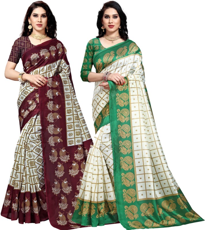 Anand Printed Daily Wear Silk Blend Saree(Pack of 2, Green, Brown)