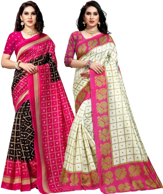 Anand Printed Daily Wear Silk Blend Saree(Pack of 2, Pink, Black)