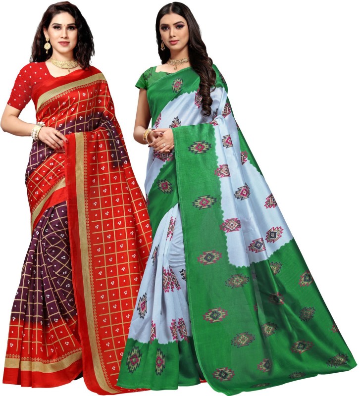 Anand Printed Daily Wear Silk Blend Saree(Pack of 2, Multicolor)