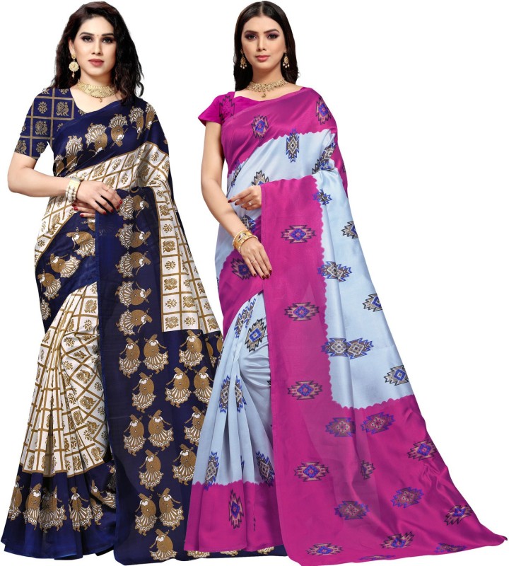 Anand Printed Daily Wear Silk Blend Saree(Pack of 2, Multicolor)