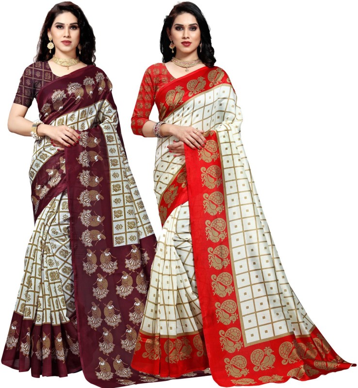 Anand Printed Daily Wear Silk Blend Saree(Pack of 2, Red, Brown)
