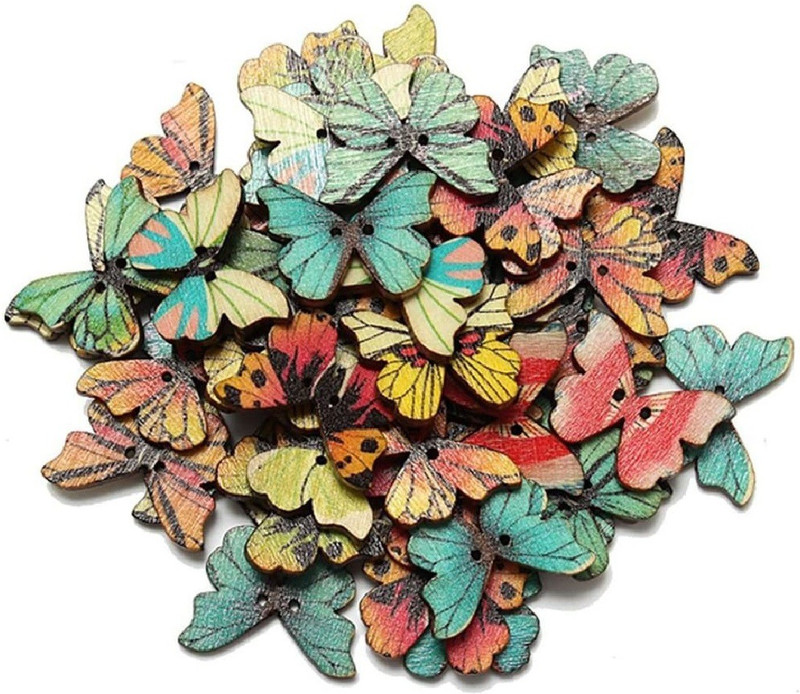 Vardhman Butterfly Shape 2 Hole Wooden Printed Button,50 pcs,Size: 28mm x 21mm, Used in Art & Craft, Dresses, Scrap Booking, Decorations etc.