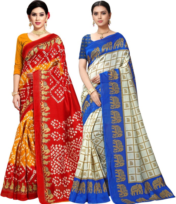 Anand Printed Bhagalpuri Silk Blend Saree(Pack of 2, Blue, Yellow)