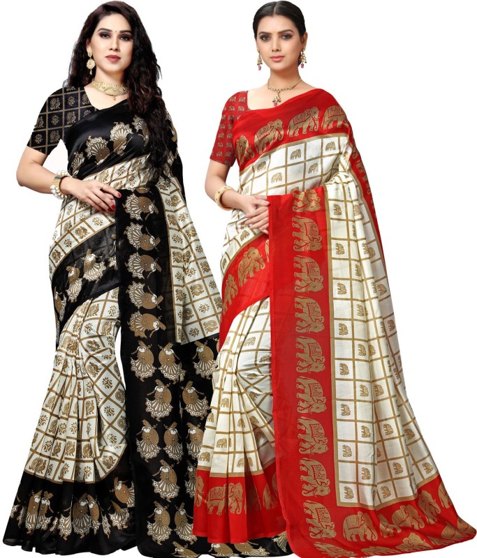 Anand Printed Bhagalpuri Silk Blend Saree(Pack of 2, Red, Black)