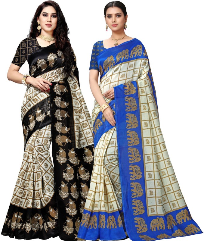 Anand Printed Bhagalpuri Silk Blend Saree(Pack of 2, Blue, Black)