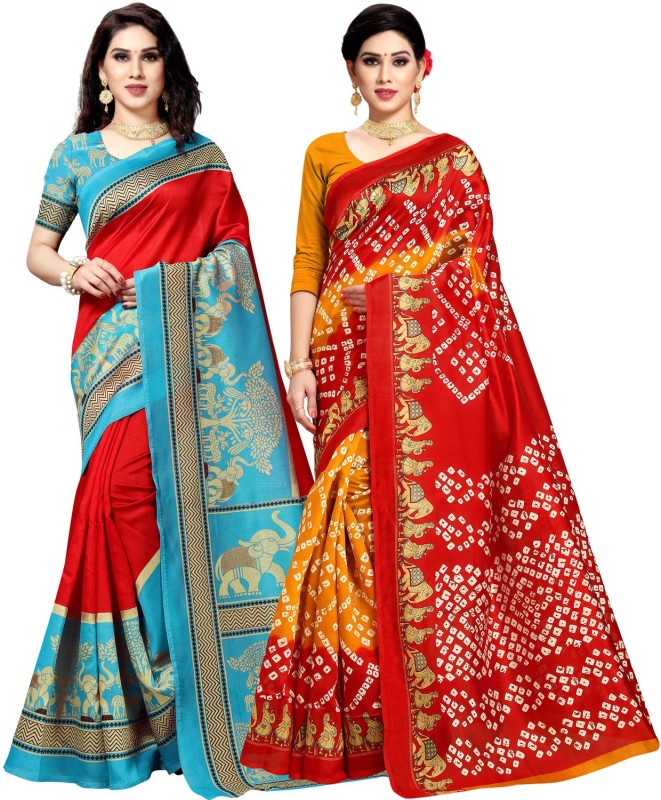 Anand Printed Daily Wear Silk Blend Saree(Pack of 2, Light Blue, Yellow)