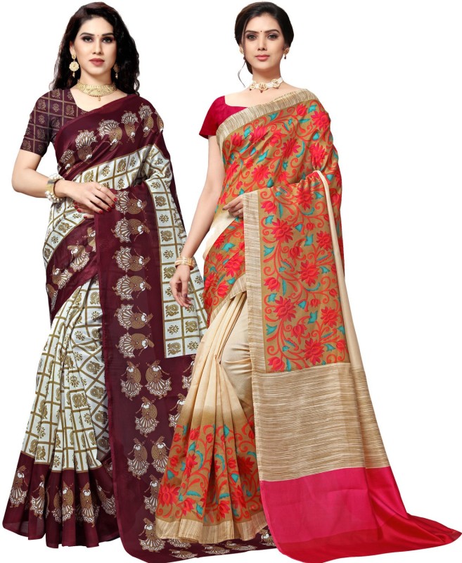 Anand Printed Bhagalpuri Silk Blend Saree(Pack of 2, Red, Brown)