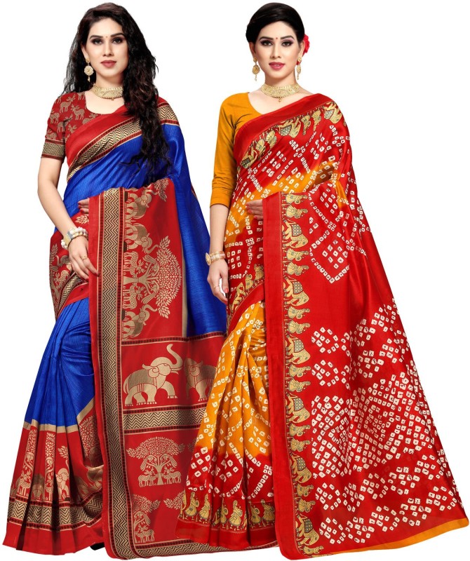 Anand Printed Daily Wear Silk Blend Saree(Pack of 2, Blue, Yellow)