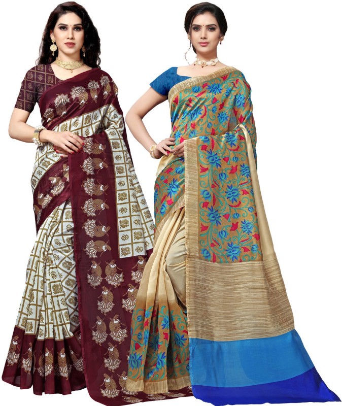 Anand Printed Daily Wear Silk Blend Saree(Pack of 2, Brown, Blue)