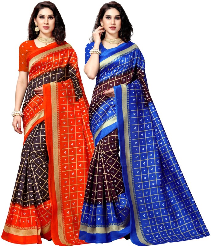 Anand Printed Bhagalpuri Silk Blend Saree(Pack of 2, Blue, Orange)