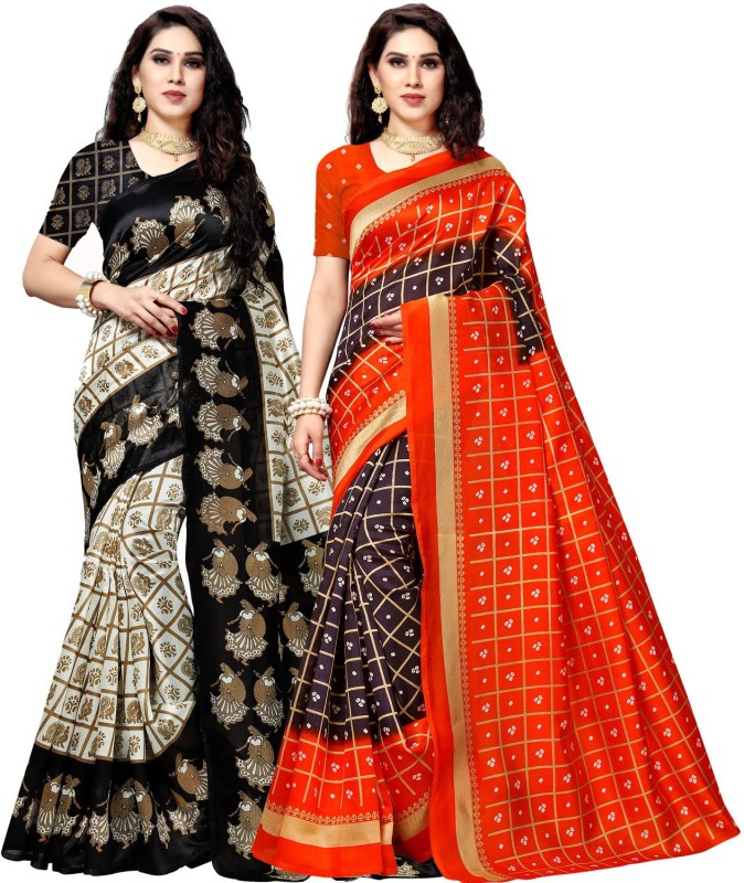 Anand Printed Daily Wear Silk Blend Saree(Pack of 2, Black, Orange)