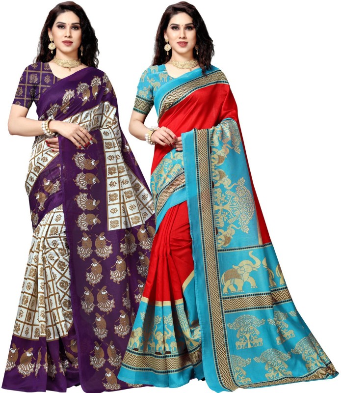 Anand Printed Daily Wear Silk Blend Saree(Pack of 2, Purple, Light Blue)